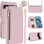 [Furiet] Luxury Wallet Case for Google Pixel 8 Pro 5G with Wrist Strap Shoulder Strap Slim Flip Zipper Purse, Card Holder Stand Cell Phone Cover for Pixel8Pro Pixel8 XL Eight 8Pro Women Men Pink