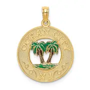 14k Yellow Gold Enamel Palm Trees OCEAN CITYNJ Circle Charm