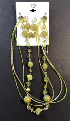 New Avocado Green Beaded Necklace Earring Set 3 Seed Bead Strands Dangles