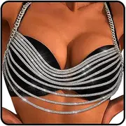 [Sethain] Rhinestone Chest Chain Silver Sparkly Bra Chain Crytal Layered Nightclub Body Accessories Jewelry for Women