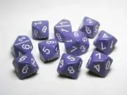 Chessex Dice Sets: Opaque Purple with White - Ten Sided Die D10 Set (10)