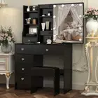 Vanity Desk Stool Set with LED Sliding Mirror & 6 Drawers for Bedroom Black