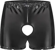 [Syhzlz] Mens Shiny Leather Boxer, Sexy Below Open Crotch, Glossy PU Leather, Comfort Stretch Waistband