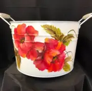 Handpainted Handle Bucket Bin Storage Red Orange Poppies 11 1/2x 7 1/2