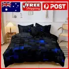 3Pcs Blue Grid Checke Geometric Duvet Cover Bedding Set Single Double Queen King