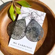 Shiny Silver Teardrop Filigree Mandala Boho Hippie Dangle Earrings, Lightweight