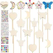 Princess Fairy Wands Kit Include 18 Pieces 6 Styles Unfinished Wooden Princess Wand and 4 Gem Stickers Princess Art Magical Show for Party Supplies
