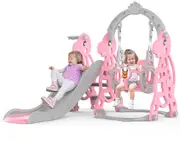 Advwin 4 in 1 Kids Slide Swing Set Toddler Indoor Outdoor Playground with Basketball Hoop Pink