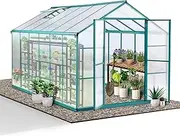 Augaden Walk-in Aluminum Greenhouse, 8cm foundation for outdoor garden, Polycarbonate Hobby Green House with Vent Window, Lockable Door, Rain Gutter for Backyard, Heavy Duty, 361*238*226, 8.6m², Green