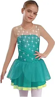 [Yihuimin] Kids Girls Figure Ice Skating Dress Sparkly Rhinestone Mesh Long Sleeve Cutout Back Leotard Skirts