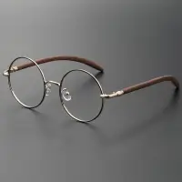 在飛比找蝦皮購物優惠-復古圓形木紋眼鏡框男士女士金屬文藝防藍光平光眼鏡框00102