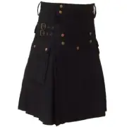 Men's Black Cotton Utility Handmade Tactical Cargo Pockets Kilt