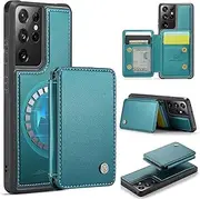 [ELEPIK] for Samsung Galaxy S21 Ultra Case, Removable Magnetic Wallet Case with Card Holder, Kickstand, [Compatible with MagSafe] [RFID Blocking] with Wireless Charging for Galaxy S21 Ultra Case, Green