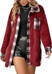 [KEOYA] Women's Plaid Fleece Jacket Button Down Flannel Shacket Winter Fuzzy Sherpa Coats Outerwear with Pockets