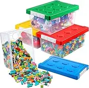 Vicenpal 4 Pack Toy Storage Containers with Lids Brick Shaped Kids Toy Organizer Box Plastic Clear Stackable Toy Bin Chest for Building Block Dolls(Red, Yellow, Blue, Green, Small)
