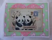 C163 Valentines Panda Bears Greeting Card Layered Front Pink Hearts