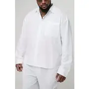 Mens White Plus Long Sleeve Linen Look Regular Overshirt