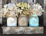 Wood Tray 3 Ball Canning Jars +FLOWERS Table Centerpiece HANDMADE -Antique White