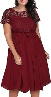 [Nemidor] Women's Scooped Neckline Floral lace Top Plus Size Cocktail Party Midi Dress (26, Wine Red)