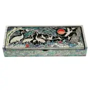 Mother of Pearl Inlay Desk Wood Pen Pencil Brush Holder Lid Case Box Organiz