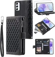 [Asuwish] Mobile Phone Case for Samsung Galaxy A55 5G Case with Strap Film Protective Film Card Slot Foldable Leather Wallet Stand A 55 55A A555G Mobile Phone Cases Protective Zip Phone Case Black