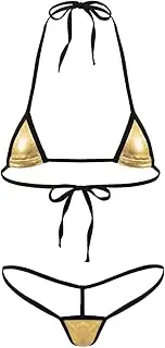 [Jhaoyu] Womens Shiny Metallic Halterneck Micro Thong Bikini 2 Piece Swimsuit Mini Sexy Extreme Swimwear
