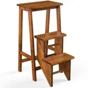 WELLFOR Folding Step Stool 3-Step Solid Rubber Wood 200-lbs W/ Handle in Natural