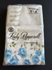 Lady Pepperell Pillowcases White Muslin Blue Flowers Floral 42 × 38 NOS Vtg