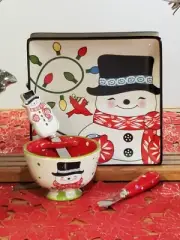 Temptations by Tara Whimsy Snowmam Set Pedestal Dip Bowl & Plate w/2 Spreaders