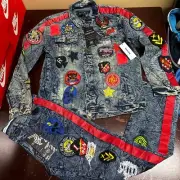 Reason Mens Blue Long Sleeve Multi Patchwork Denim Jacket & Jeans Size XL XXL