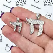 14k White Gold Over Silver CZ Pave Chai Pendant 0.80" & 1.20"