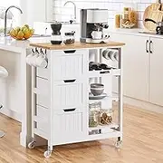 Yaheetech Kitchen Cart on Wheels with 3 Drawers and 3 Open Shelves, Kitchen Island with Bamboo Countertop for Dining Room Bar Microwave Cart, 26.5”Lx15”Wx33”H, White