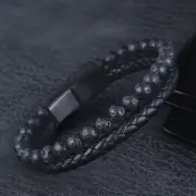 Men Leather Bracelet Braided Lava Rock Volcanic Stone Stainless Steel Magnetic