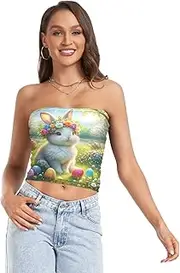 [RPLIFE] Easter Floral Rabbit Crop Top Mesh Tube Tops, Strapless Tube Tops for Women, Womens Summer Clothes (S)