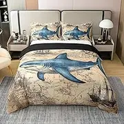 Feelyou Nautical Sailboat Cotton Duvet Cover Set Twin Size Shark Marine Life Bedding Set for Boys Girls Vintage Retro Bedding Duvet Cover Set Room Decorations Bedspread Cover 2Pcs,No Stuffing