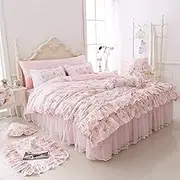 LELVA Romantic Roses Print Duvet Cover Set with Bed Skirt Pink Lace Ruffle Floral Shabby Chic Bedding Sets Full 4 Piece