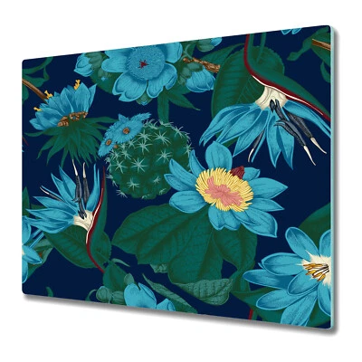 Glass Cutting Board Worktop Saver Tropical flowers blue and green 60x52
