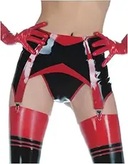 [DAIJES] Latex Catsuit Rubber Stocking Suspender Garter Black with Red Trim Back Button(black red,S)