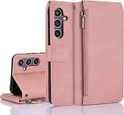[GoshukunTech] for Samsung Galaxy S23 FE 5G Case,for Galaxy S23 FE 5G Wallet Case[ 8 Card Slots & 1 Zipper Coin Purse] Leather Wallet Flip Cover with Wrist Starp-Pink