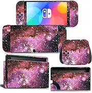 ROIPIN Black Skin for Nintendo Switch, Protective Film Sticker for Nintendo Switch OLED Console Controllers, Skin Sticker Decal Full Cover(Pink Starry Sky)