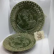 Hosley Pottery Decorative Grapes Green Reticulated Plates / lot of 2