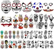Yazhiji 42 Sheets Halloween Temporary Tattoo Family Set Day of Dead Pumpkin Ghost for Women Black Fake Death Skull Skeleton Tatoos for Men Boy and Girl, Halloween Zombie Makeup Tattoo Kit