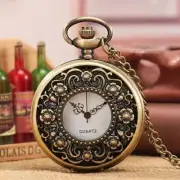 Bronze Hollow Out Flower Case Men Women Quartz Analog Pocket Watch 80cm Chain