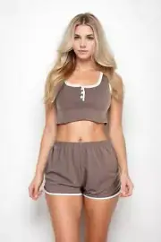 French Terry Sleeveless Button Front Contrast Trim Crop Tank Top & Shorts Set