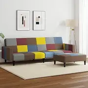 2-Seater Sofa Bed with Footstool, Patchwork Fabric, Convertible Day Bed, 220x100x52 cm, Multicolour