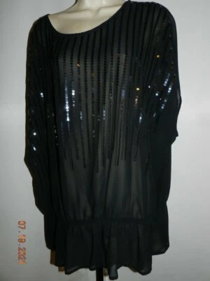 Lane Bryant Woman 22/24 Top Black Sheer Sequins Pullover peplum dolman sleeves