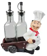 Smiling Chef Decorative Oil & Vinegar Bottles on Pull Cart - Condiment Set