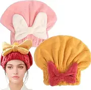 Super Absorbent Hair Towel Wrap for Wet Hair, 2/4 Pcs Microfiber Hair Towel Wrap, Bow-Knot Button-Free Coral Fleece Dry Hair Hat, for Wet Hair Long Thick Curly Hair (Pink+Yellow)