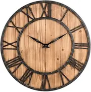 Large Retro Wall Clock, Outdoor Garden Weatherproof Round Cedar Iron Clock, Indoor American Solid Wood Home Silent Wall Hanging Decoration 60cm