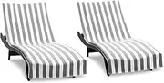 Arkwright California Chaise Lounge Cover - Pack of 2 - Striped Soft Cotton Cabana Towel with Pocket Holder for Beach Pool Outdoor Chair, 30 x 85 in., Grey